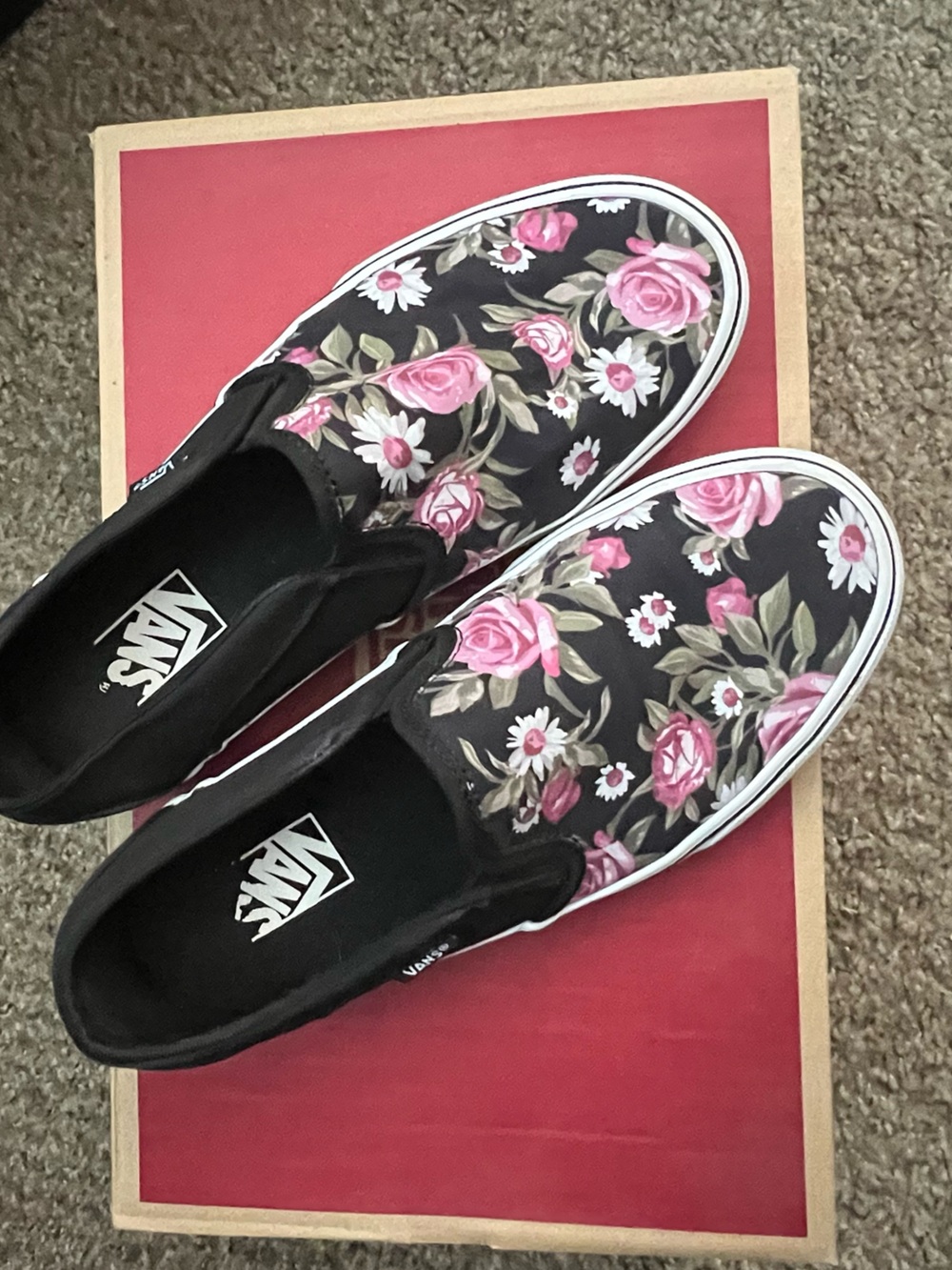 Vans Floral Slip-On Sneakers - Black with Pink Roses